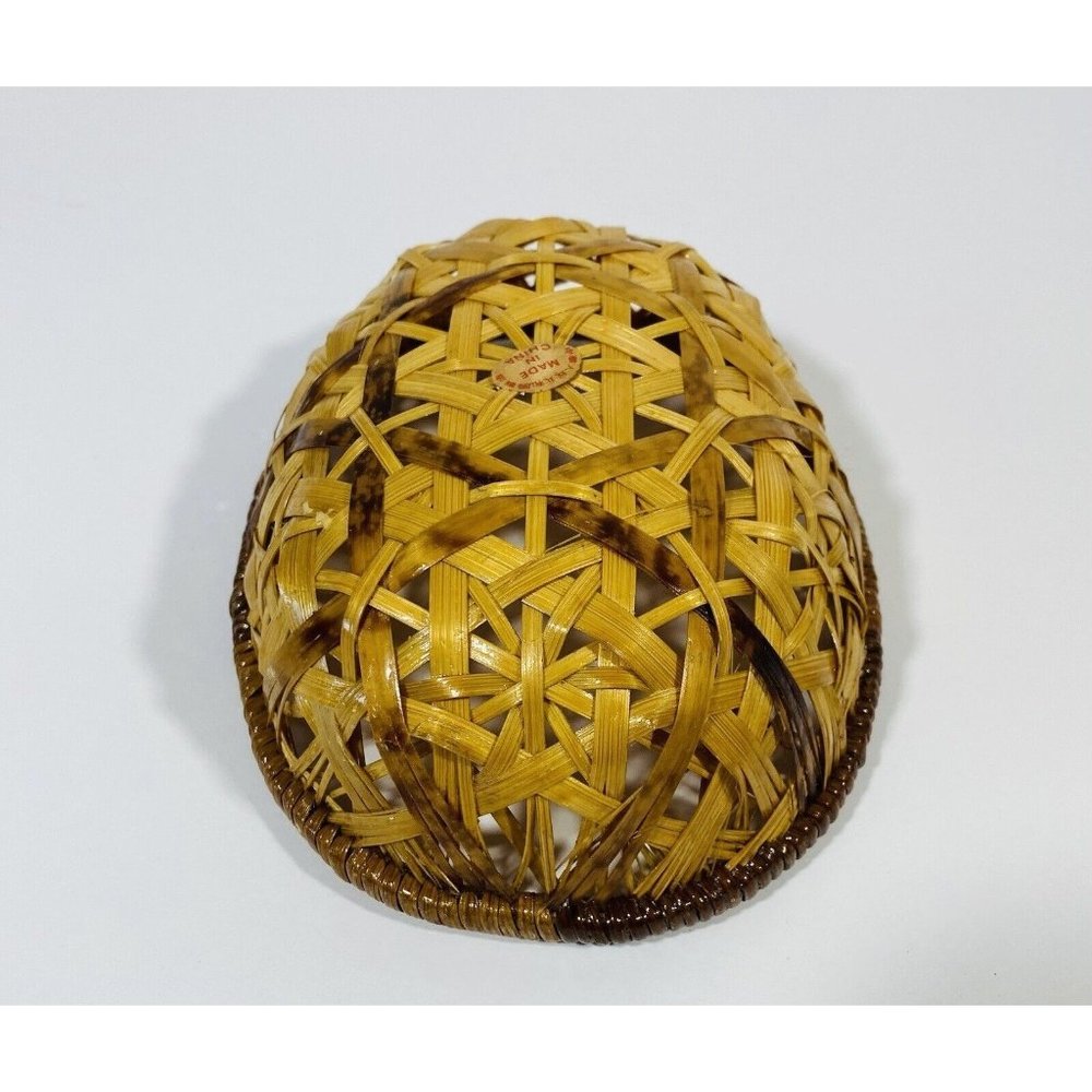 Chinese Woven Basket Storage Wicker Brown Oval Boho Rattan Craft Marked Vintage